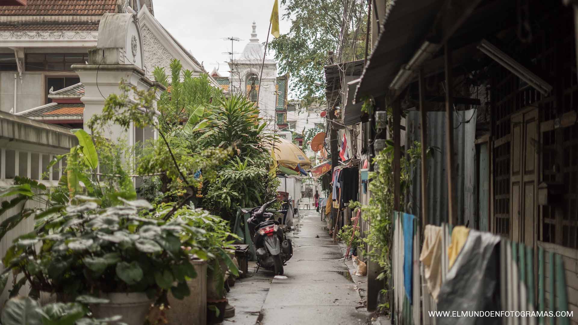 calle estrecha con una moto de Bangkok